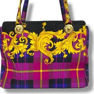 Gianni Versace Plaid Baroque Canvas Tote Bag Rare Vintage Y2K EUC FUCHSIA